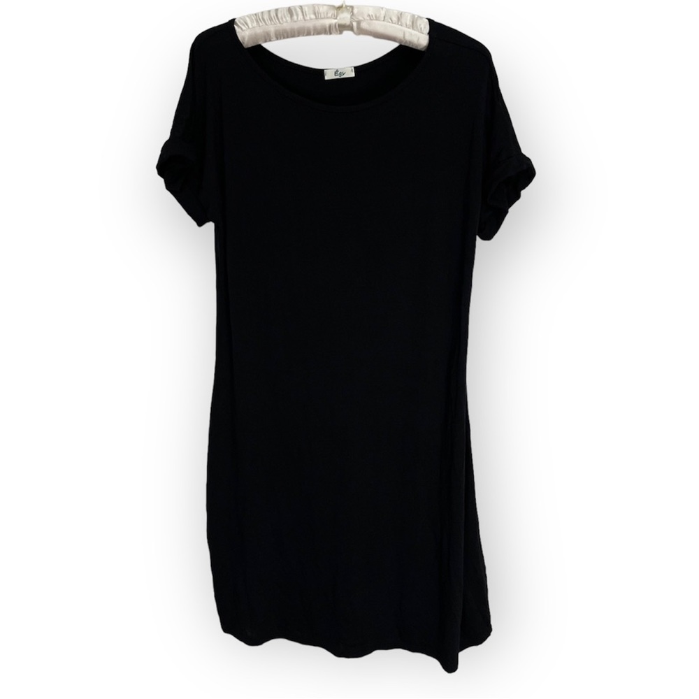 Egs by Eloges Black T-Shirt Dress Mini Shift Flowy Casual Pockets Jersey Sz M